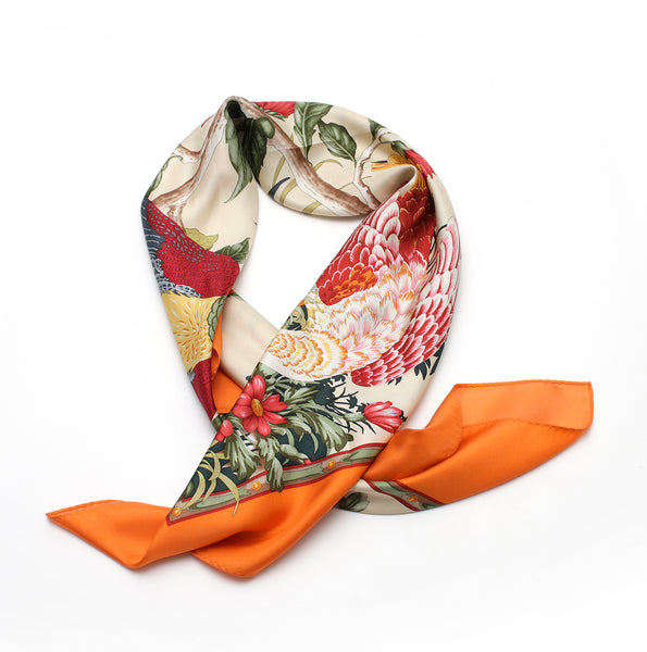 Birds & Flowers Silk Scarf | Orange - A R A M L E E ®